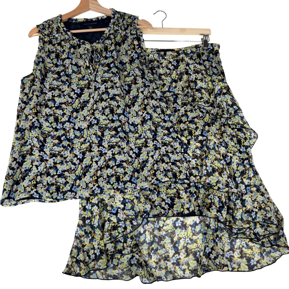 Tommy Hilfiger Skirt Set Wmns M 12 Blue Floral Chiffon Ruffle High Low Excellent
